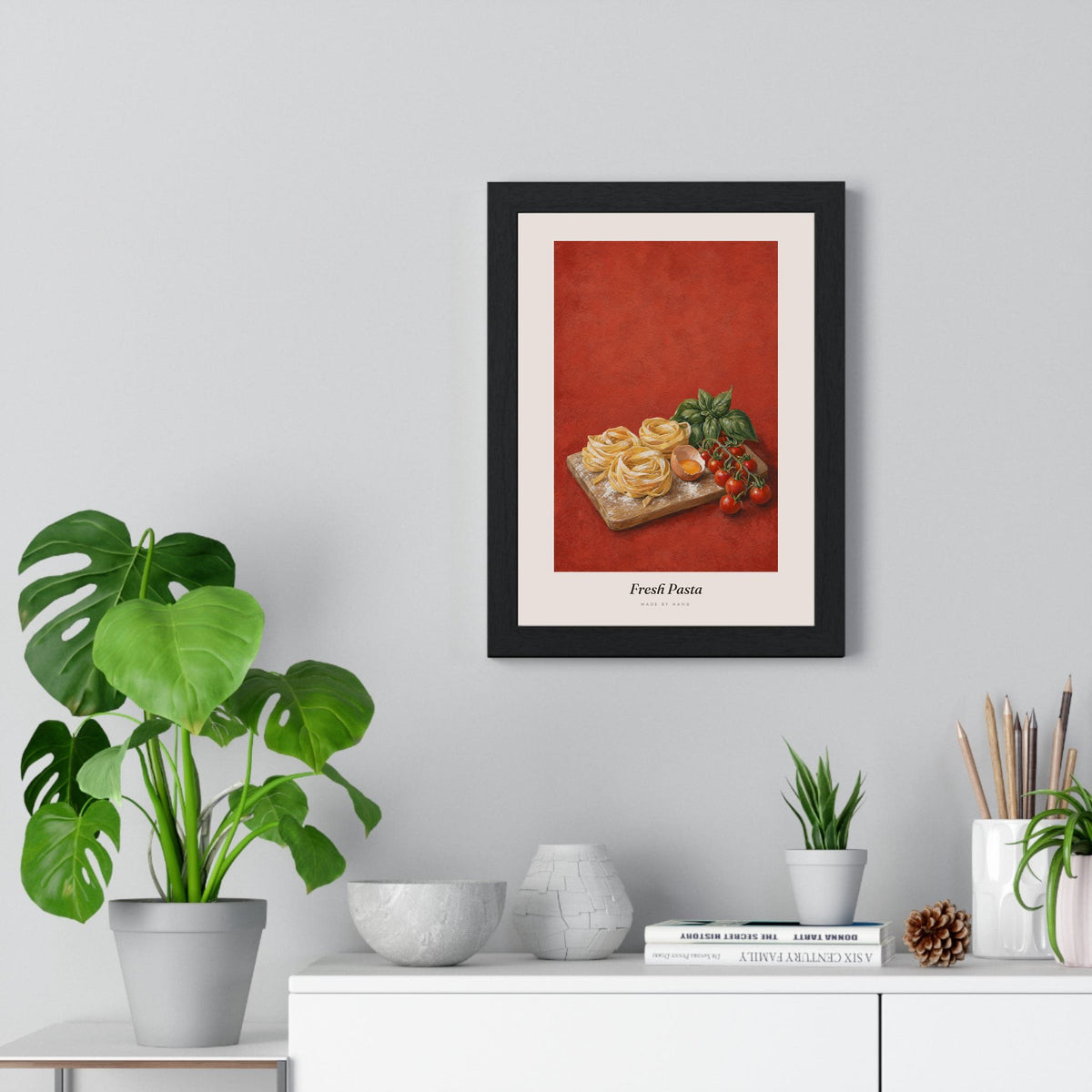 Fresh Pasta Print framed on a living room wall
