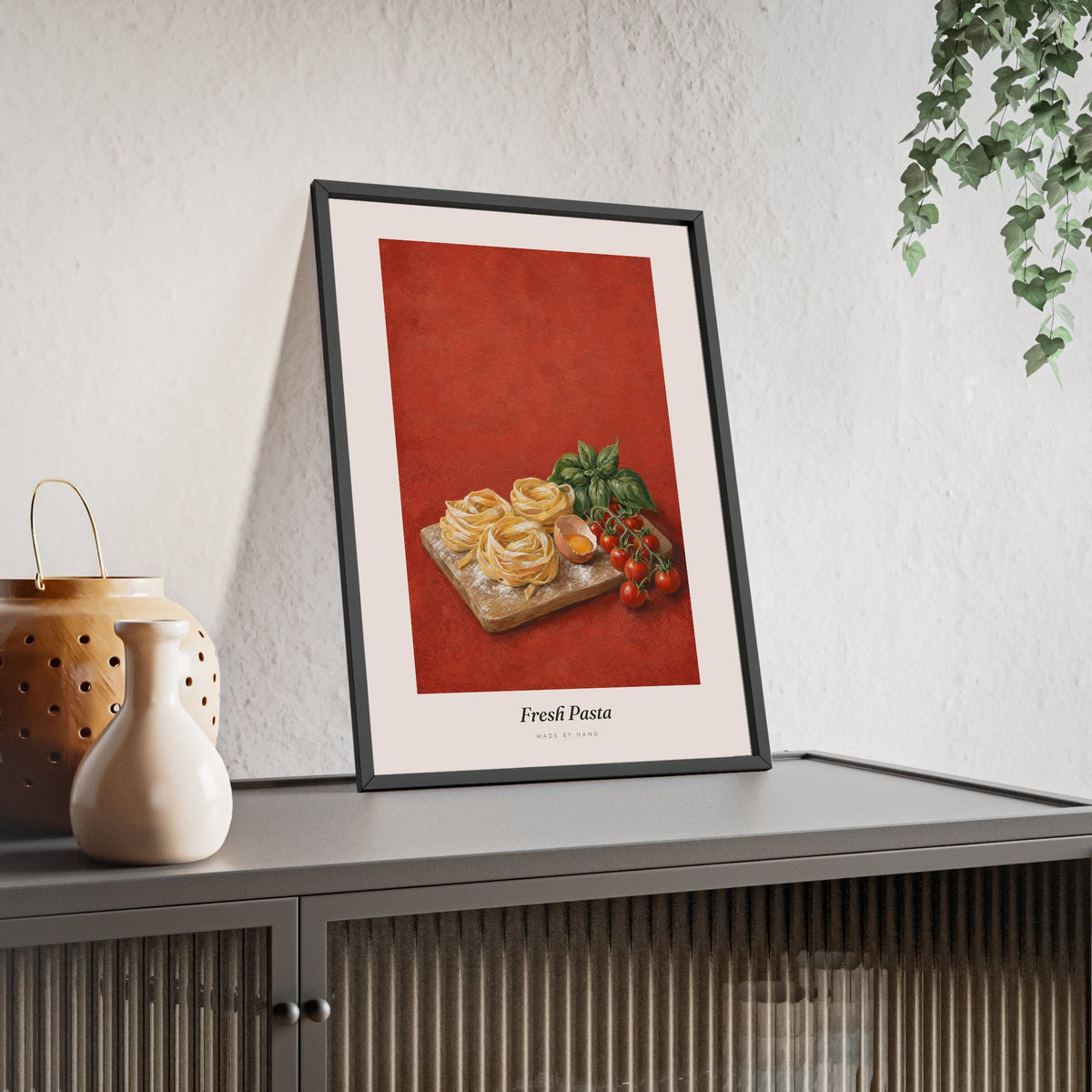 Fresh Pasta Print framed and leaning on a sideboard