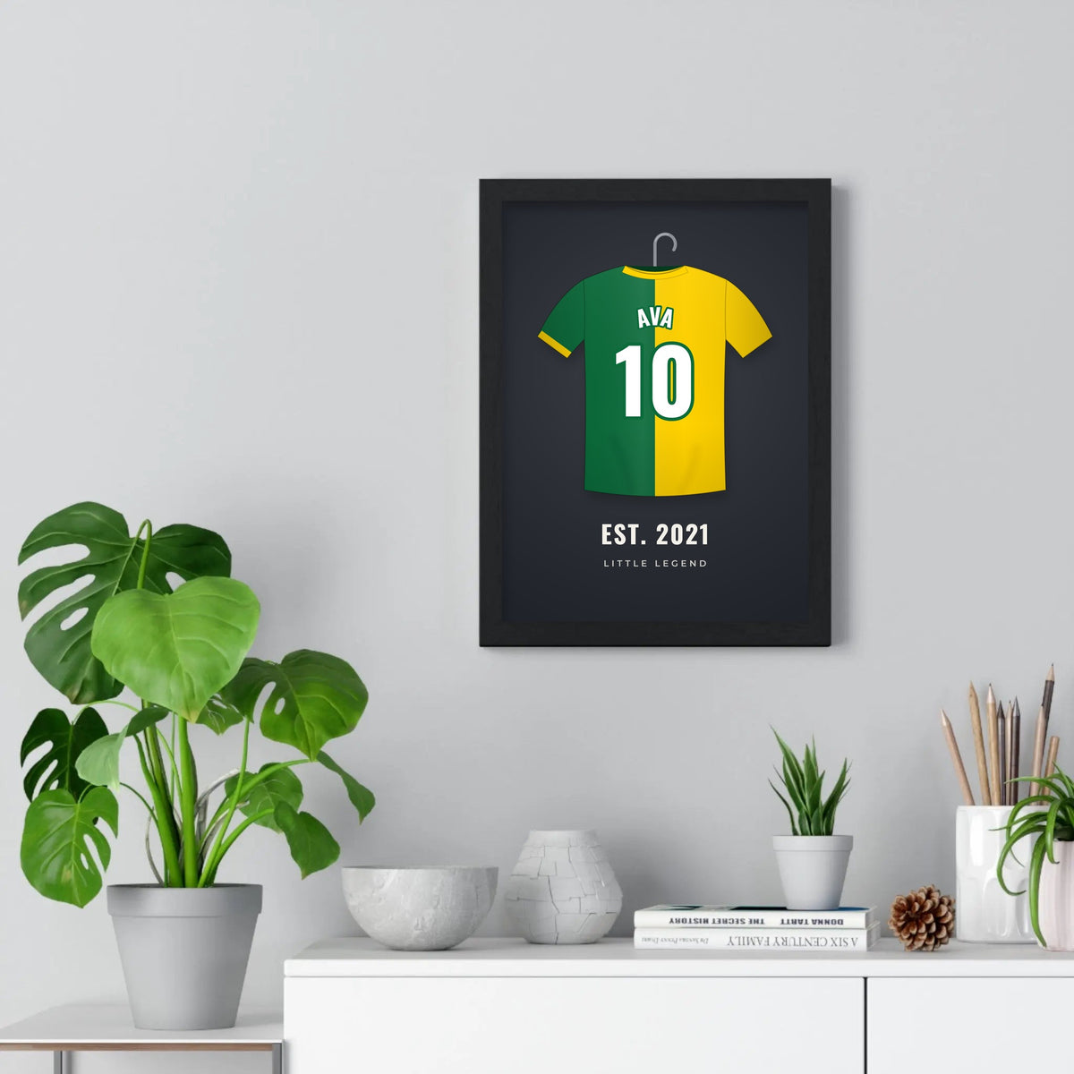 Personalised Kids Football Shirt Print - green and yellow halves on the wall