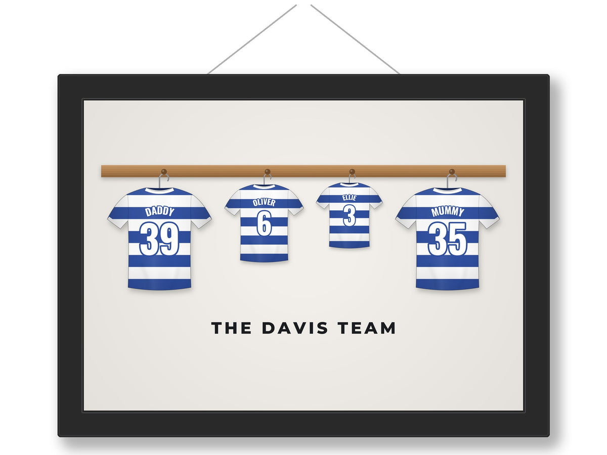 Personalised Family Football Shirt Print - framed family shirts on a peg rail