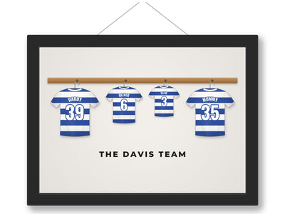 Personalised Family Football Shirt Print - framed family shirts on a peg rail