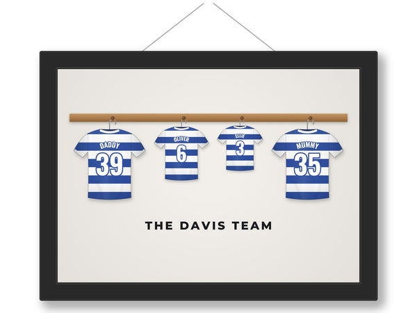 Personalised Family Football Shirt Print - framed family shirts on a peg rail