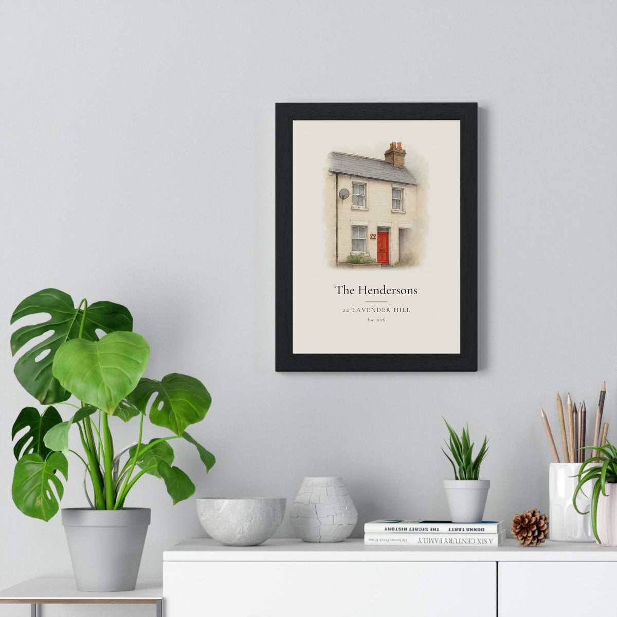 House portrait from your photo, personalised watercolour new home print framed on a wall