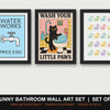 Funny Bathroom Wall Art Set | Set of 3 Prints: Water Works, Wash Your Paws, Rubber Ducks - framed on the wall