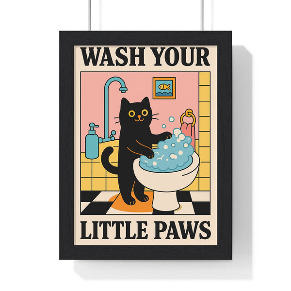 Funny cat bathroom print – Wash Your Little Paws wall art in a black frame