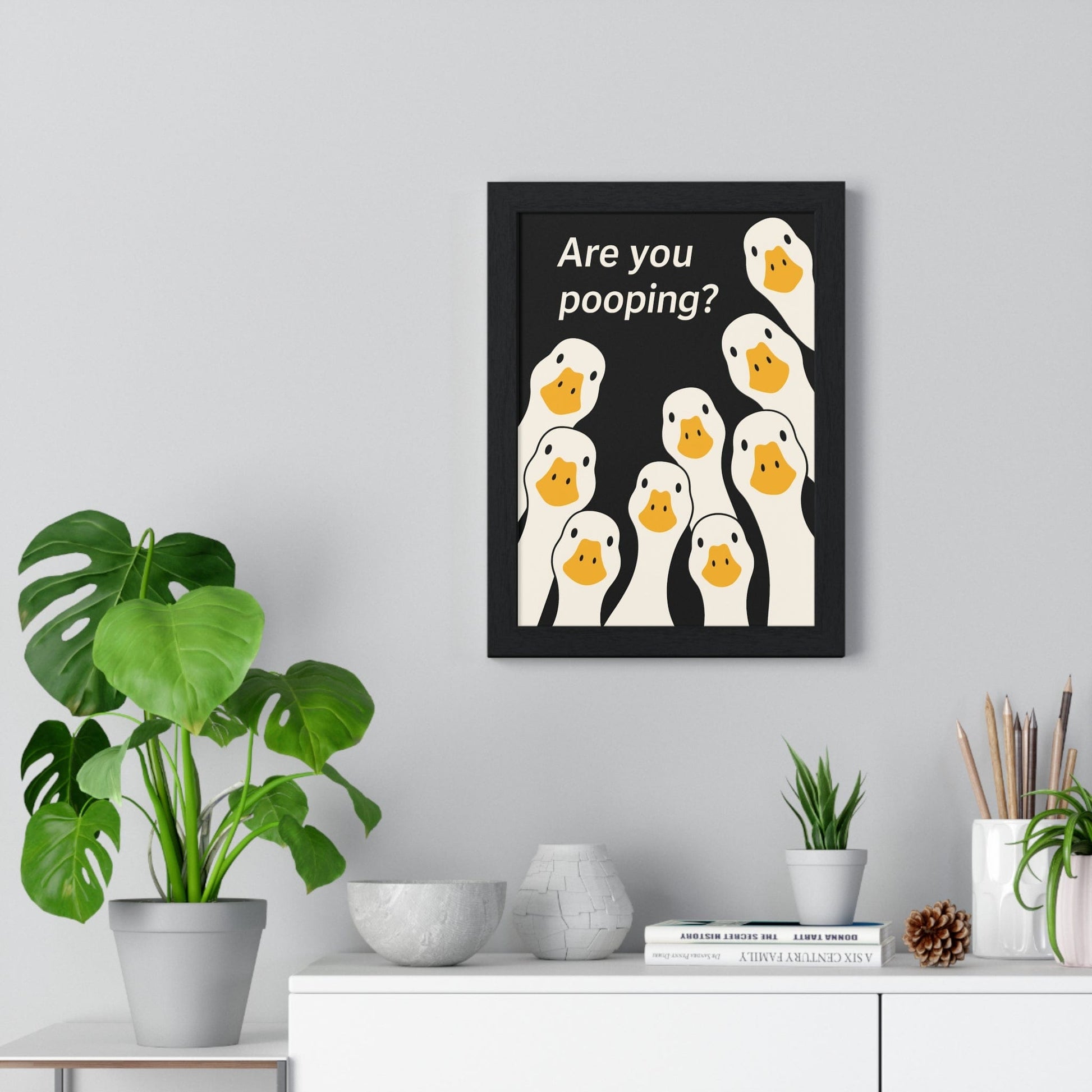 Framed Funny Duck - Cheeky Bathroom With Bold Toilet Humour Print print