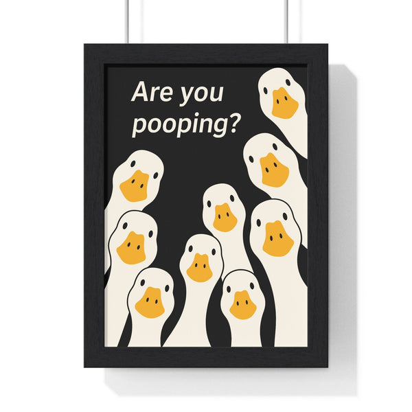 Funny duck bathroom poster framed – Are You Pooping? toilet humour wall art on dark background