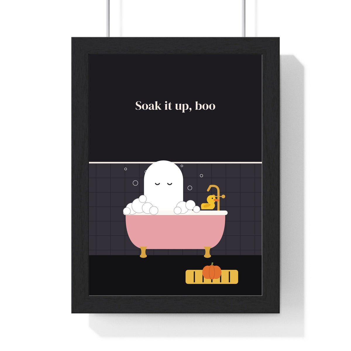 Funny Ghost Bathroom Print - framed black tile ghost bath print