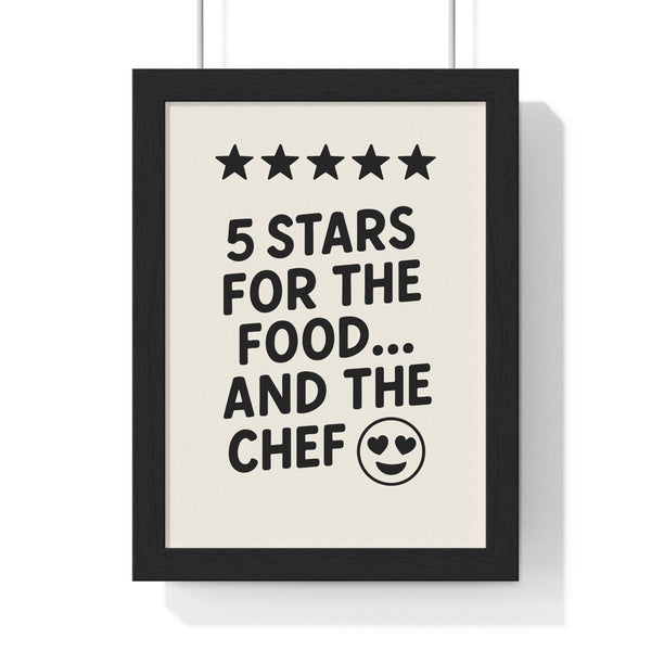 Framed funny kitchen 5 star food and chef print on white wall