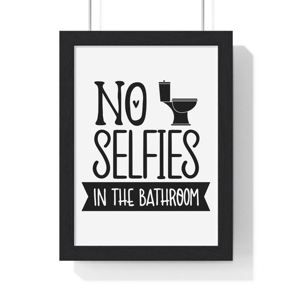 Funny No Selfies bathroom wall print in bold monochrome style, framed