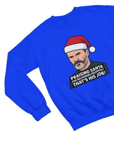 Blue t-shirt with Roy Keane Christmas Sweatshirt & Santa Parody Jumper