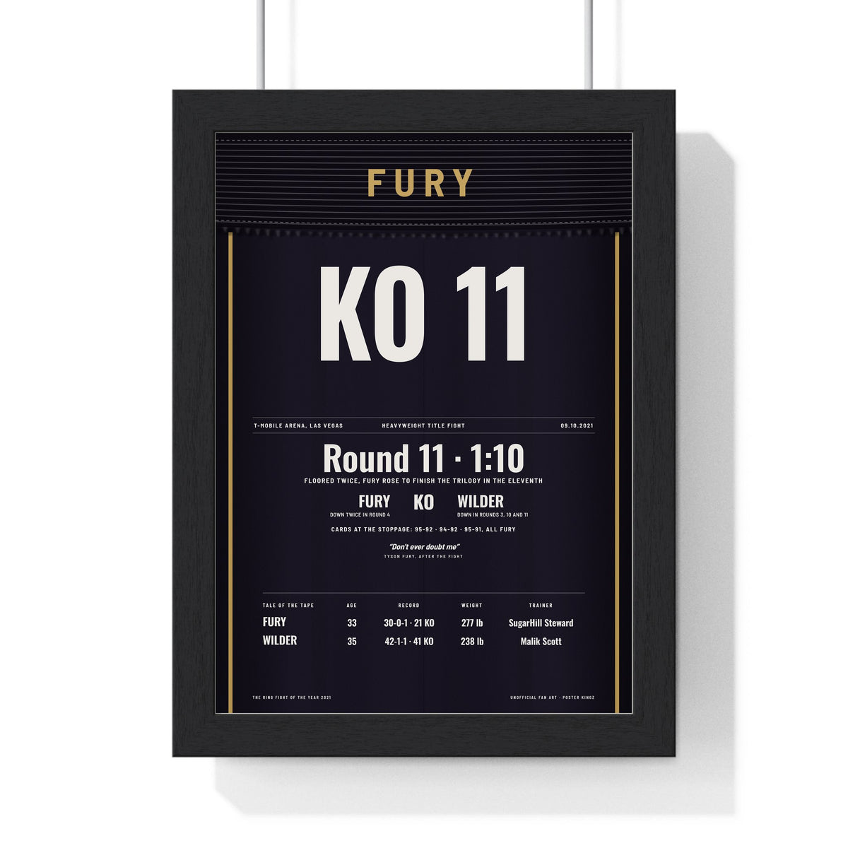 Fury v Wilder 3 2021 Boxing Poster print framed in a black frame, ready to hang