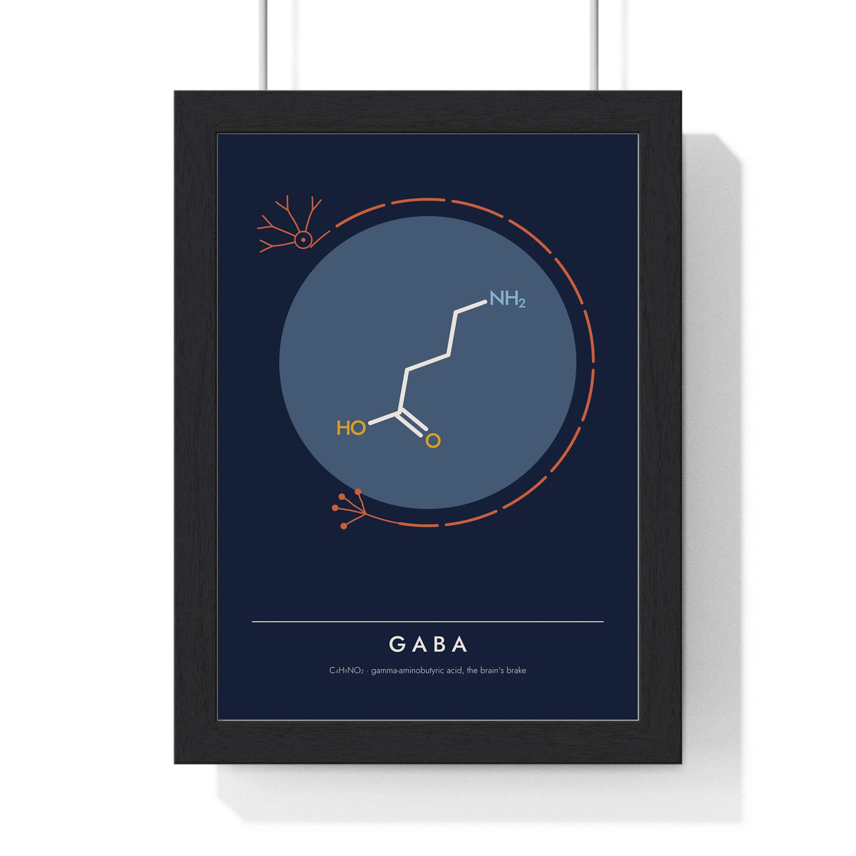 GABA Molecule print framed in a black frame, ready to hang