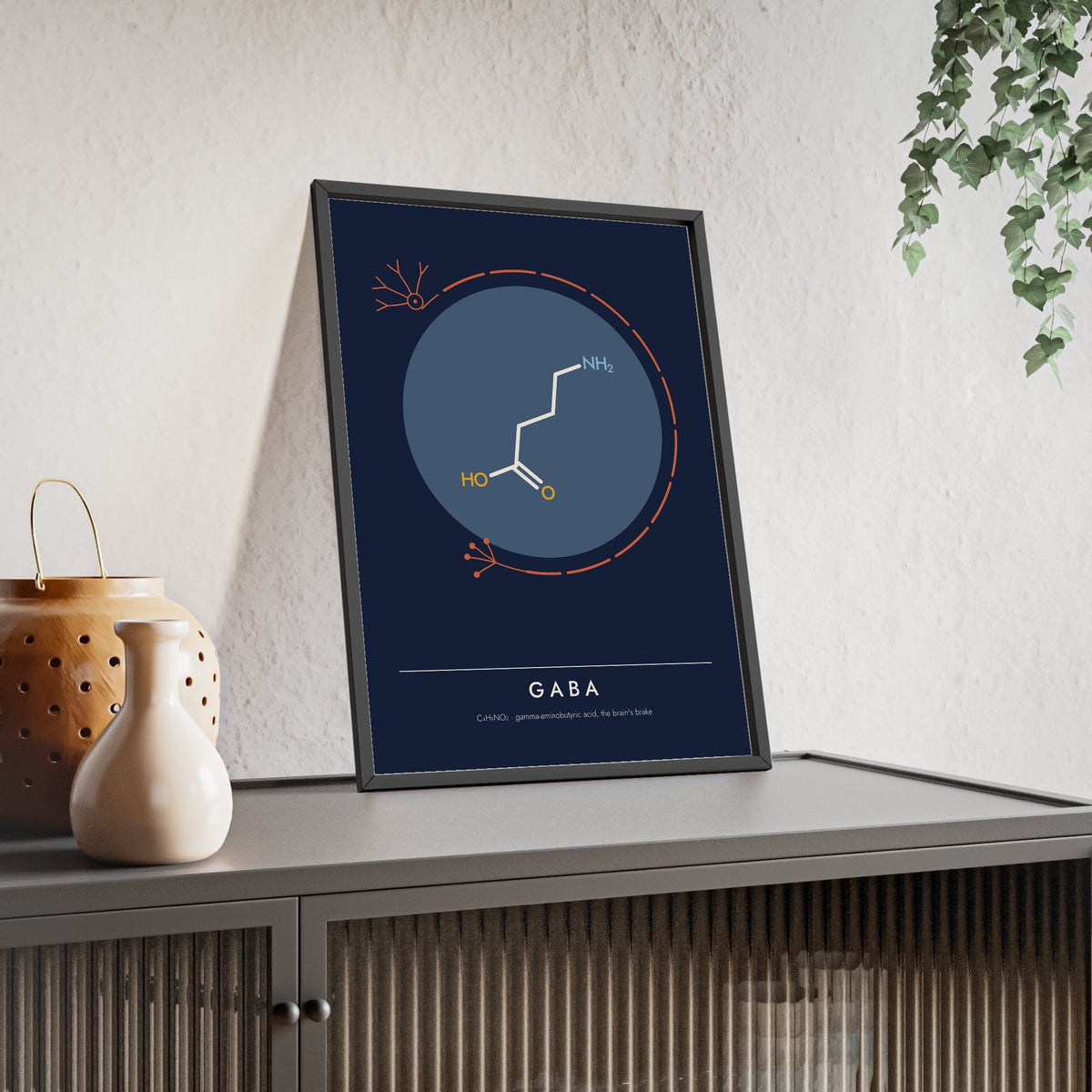 GABA Molecule print framed and leaning on a sideboard