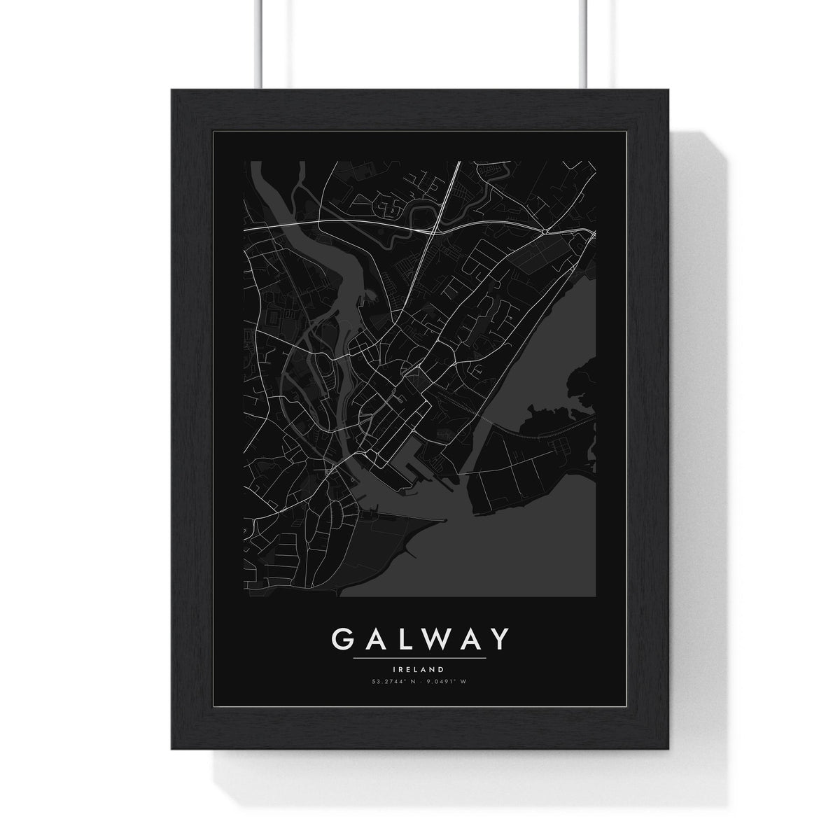 Galway street map poster in black, minimal city map print framed in a black frame