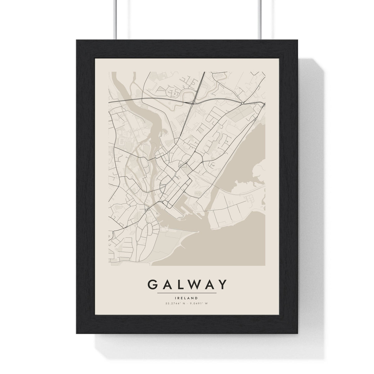 Galway street map poster in cream, minimal city map print framed in a black frame