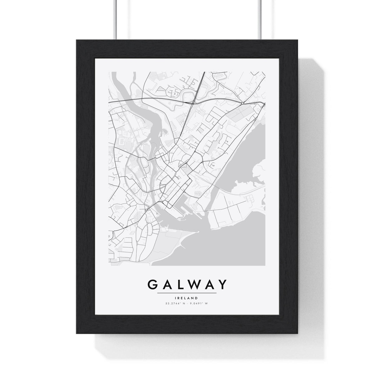 Galway street map poster in white, minimal city map print framed in a black frame