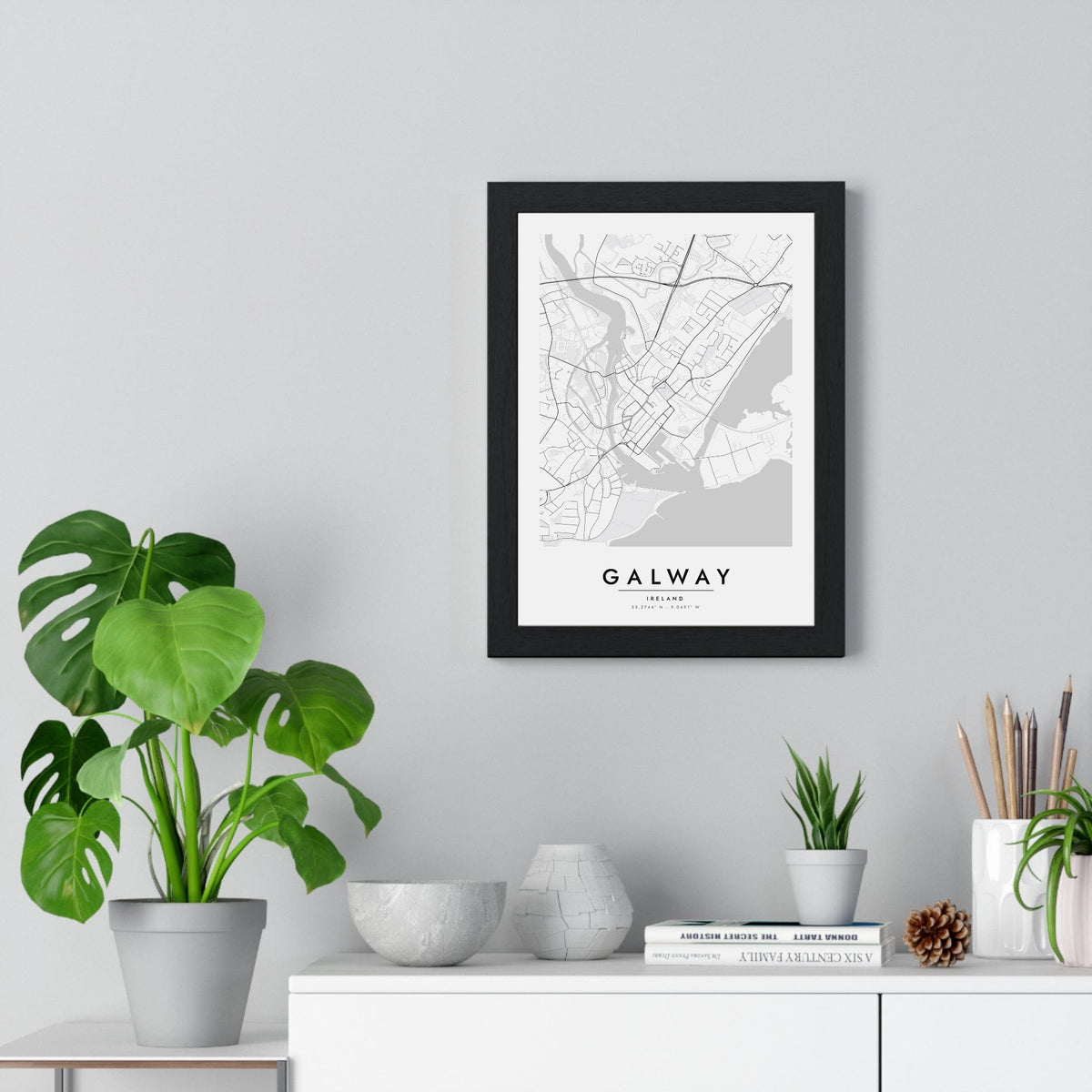 Galway street map poster in white, minimal city map print framed on a living room wall