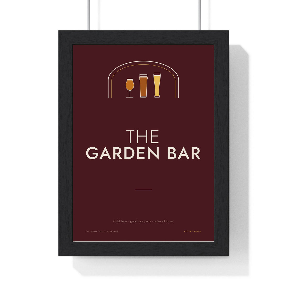 The Garden Bar Sign Print framed in a black frame, ready to hang