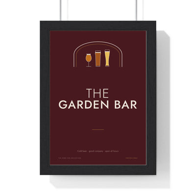 The Garden Bar Sign Print framed in a black frame, ready to hang