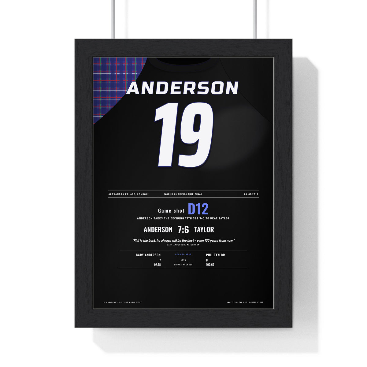 Gary Anderson World Darts Final 2015 Darts Poster - 7-6 v Phil Taylor Shirt Print framed in a black frame, ready to hang