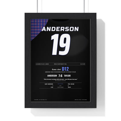 Gary Anderson World Darts Final 2015 Darts Poster - 7-6 v Phil Taylor Shirt Print framed in a black frame, ready to hang