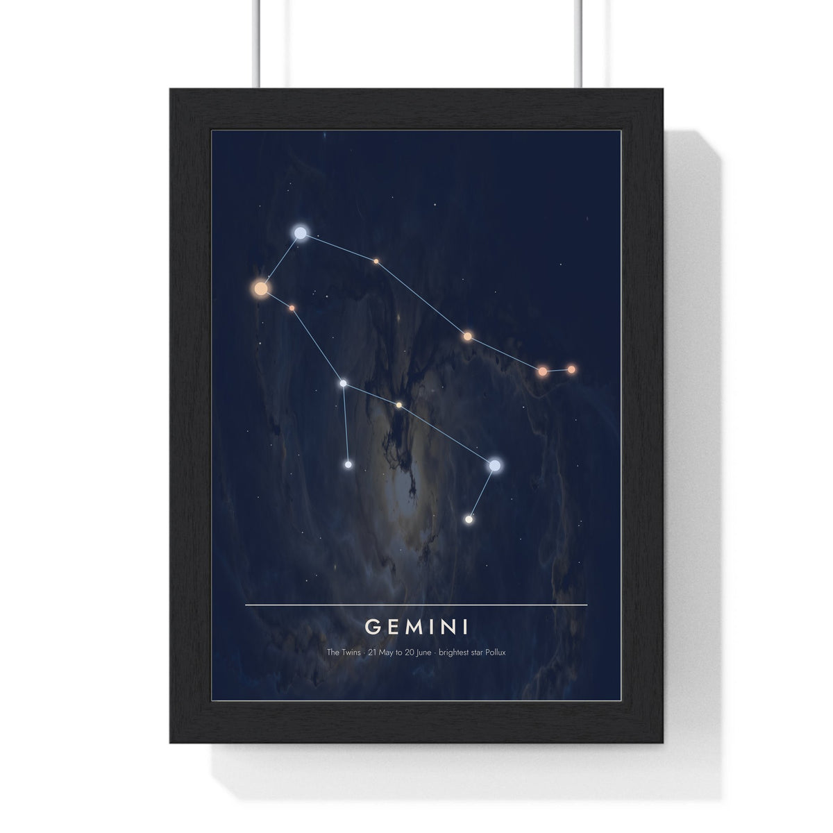 Gemini Constellation print framed in a black frame, ready to hang
