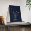 Gemini Constellation print framed and leaning on a sideboard