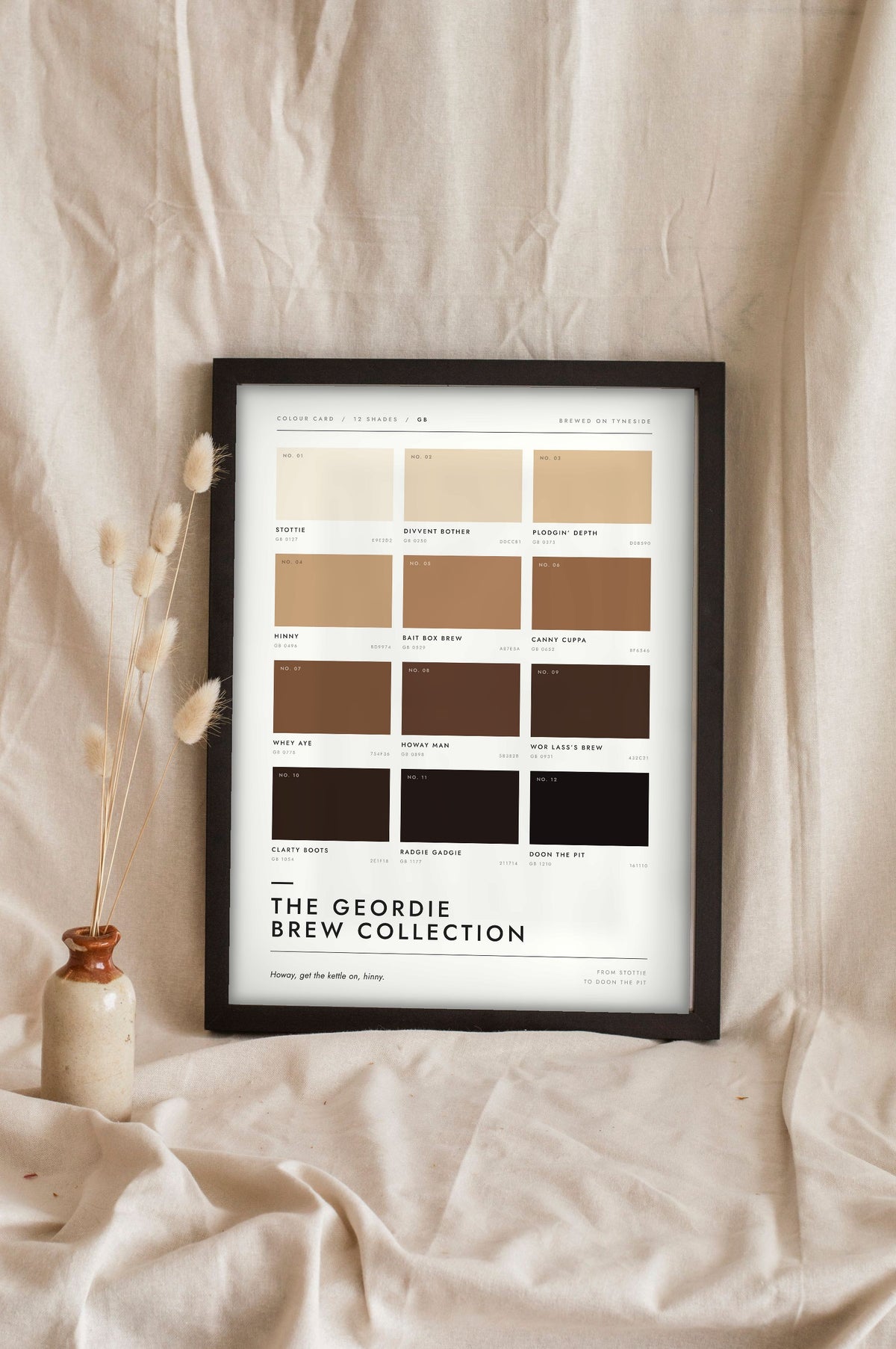 Geordie Brew Colour Chart in a black frame propped up on linen