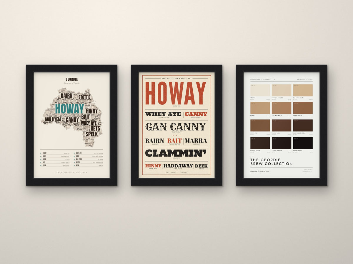 Geordie Sayings Set of 3 Prints framed side by side on a wall