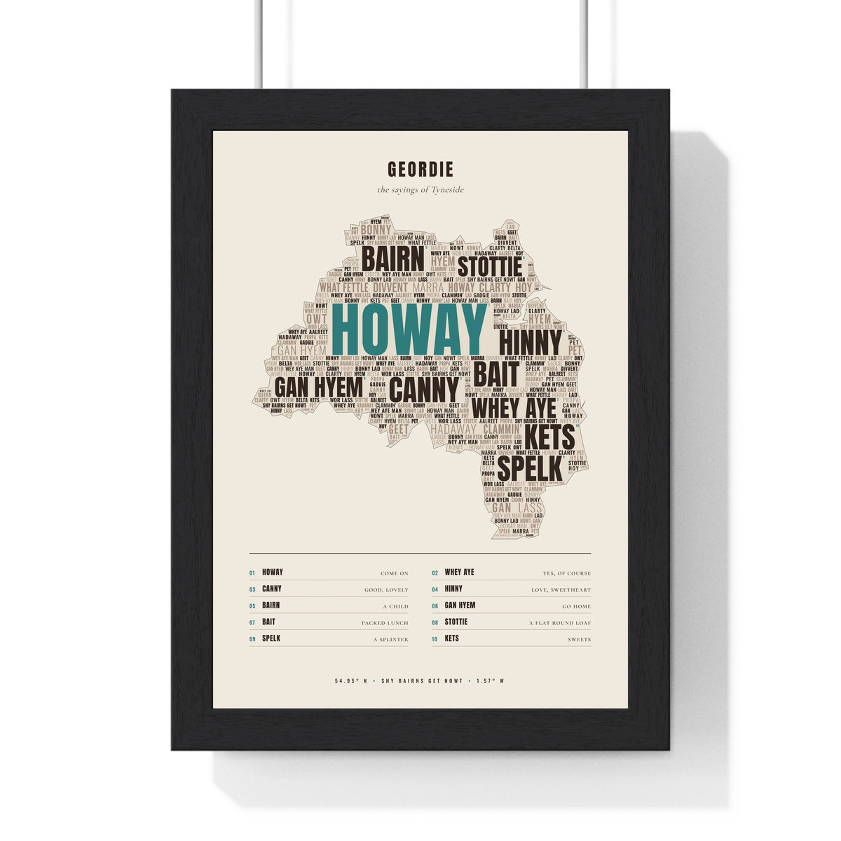 Geordie Sayings Print in a black frame