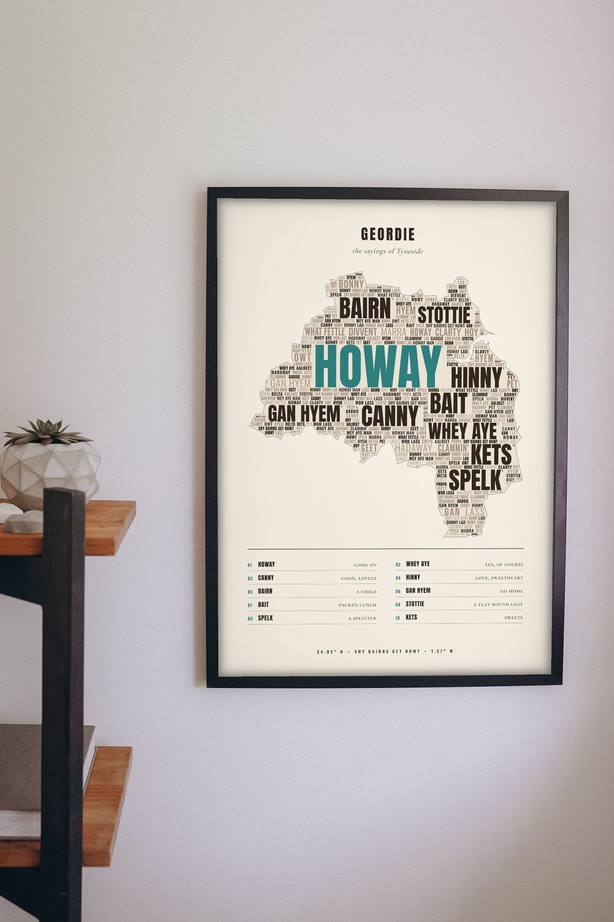 Geordie Sayings Print framed on a wall