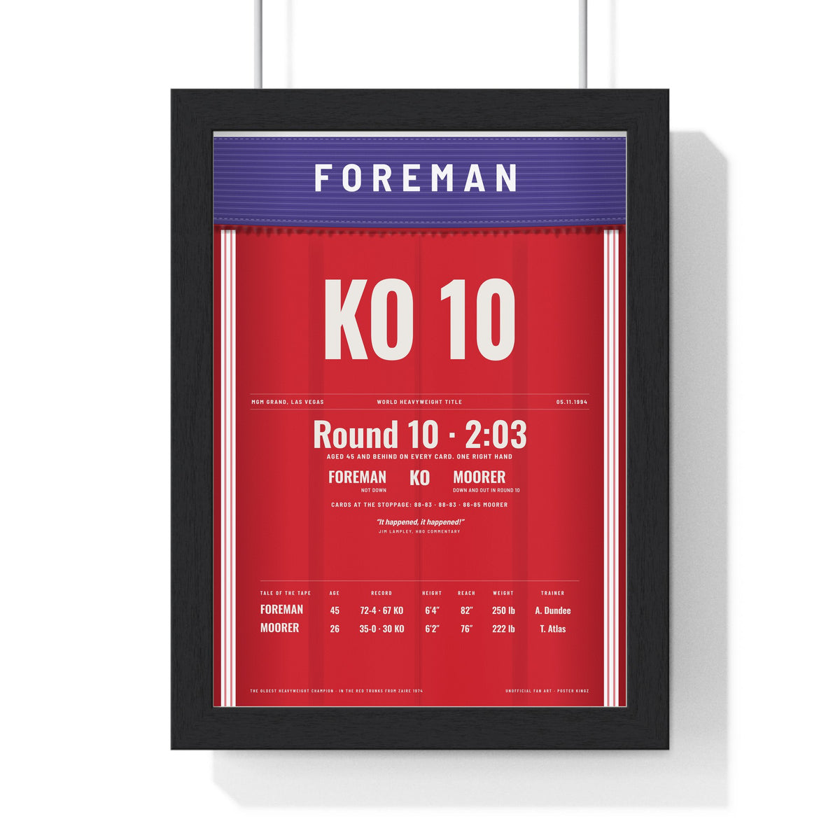 Foreman v Moorer 1994 Boxing Poster framed in a black frame, ready to hang