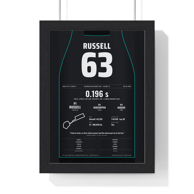 George Russell 2026 Azerbaijan Grand Prix Win Poster - 63 Race Suit Print framed in a black frame, ready to hang