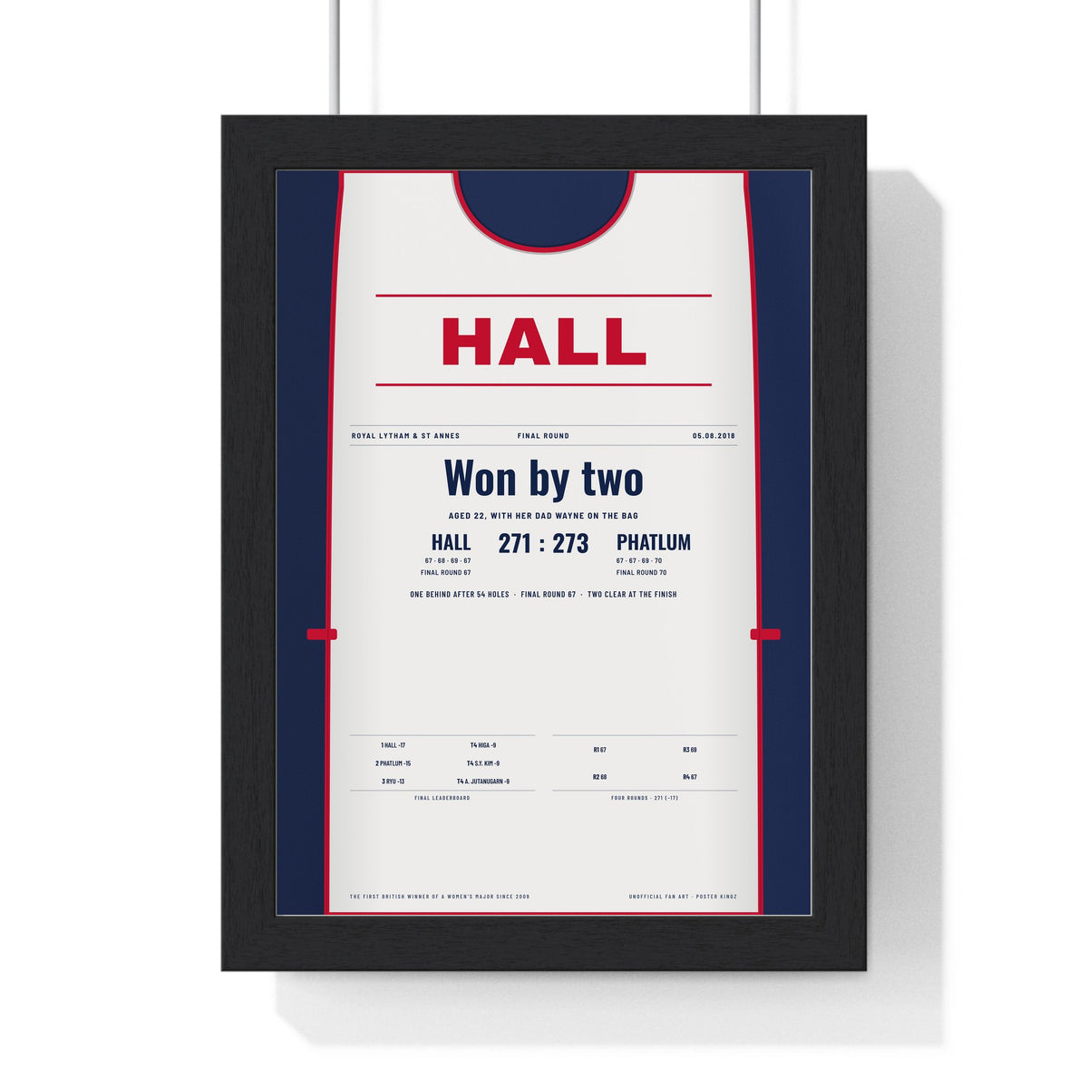 Georgia Hall Royal Lytham 2018 Golf Poster - Caddie Bib First Major Print framed in a black frame, ready to hang