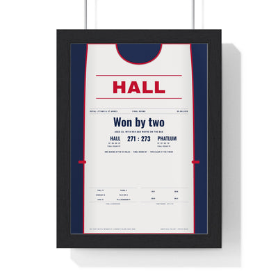 Georgia Hall Royal Lytham 2018 Golf Poster - Caddie Bib First Major Print framed in a black frame, ready to hang