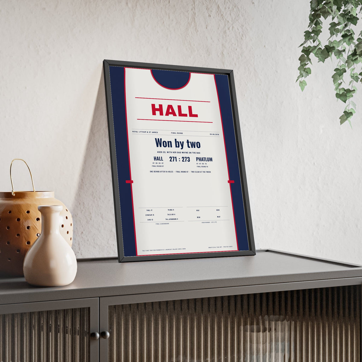 Georgia Hall Royal Lytham 2018 Golf Poster - Caddie Bib First Major Print framed and leaning on a sideboard