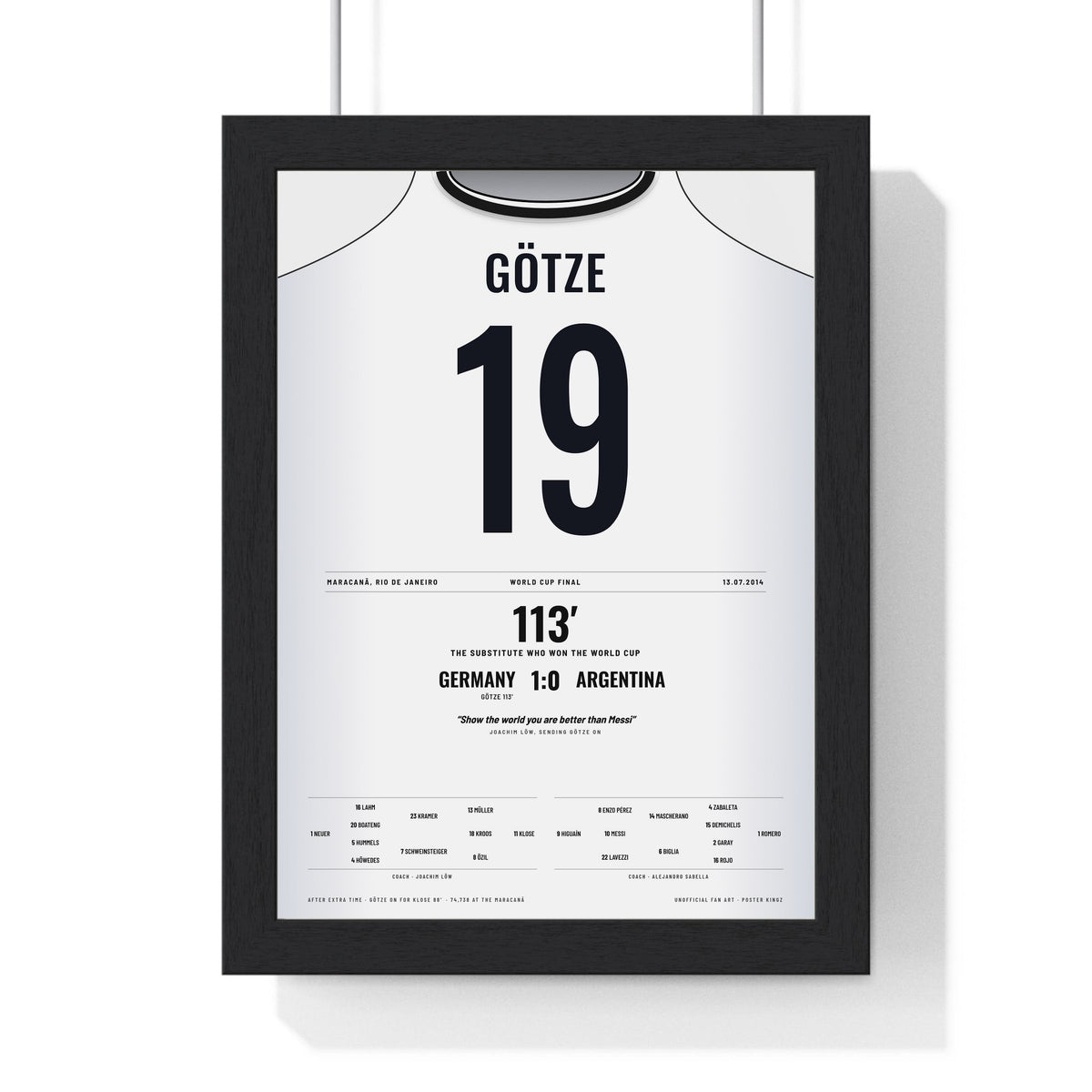 Germany World Cup Final 2014 Poster - Mario Götze 19 Winner v Argentina Shirt Print framed in a black frame, ready to hang