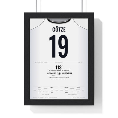 Germany World Cup Final 2014 Poster - Mario Götze 19 Winner v Argentina Shirt Print framed in a black frame, ready to hang