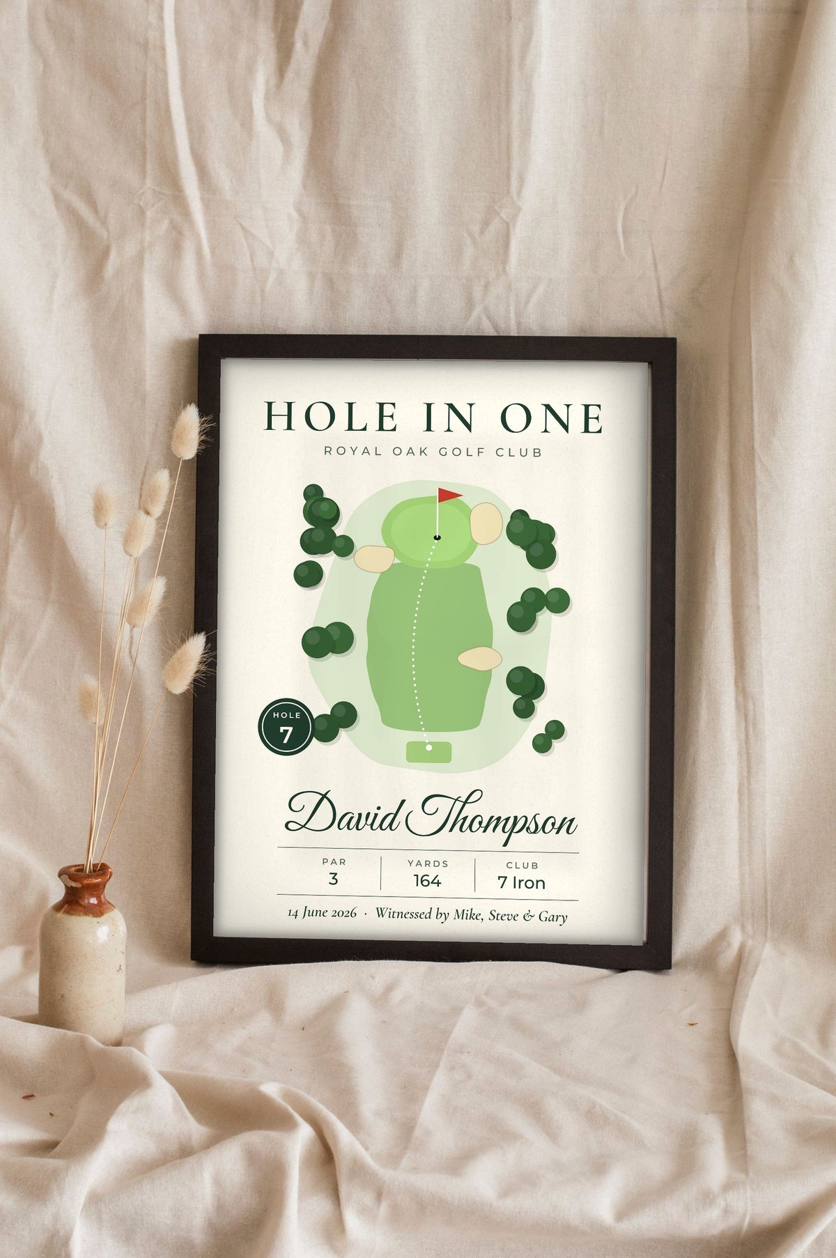Personalised Hole in One Golf Print - Lifestyle - leaning in a frame with dried flowers