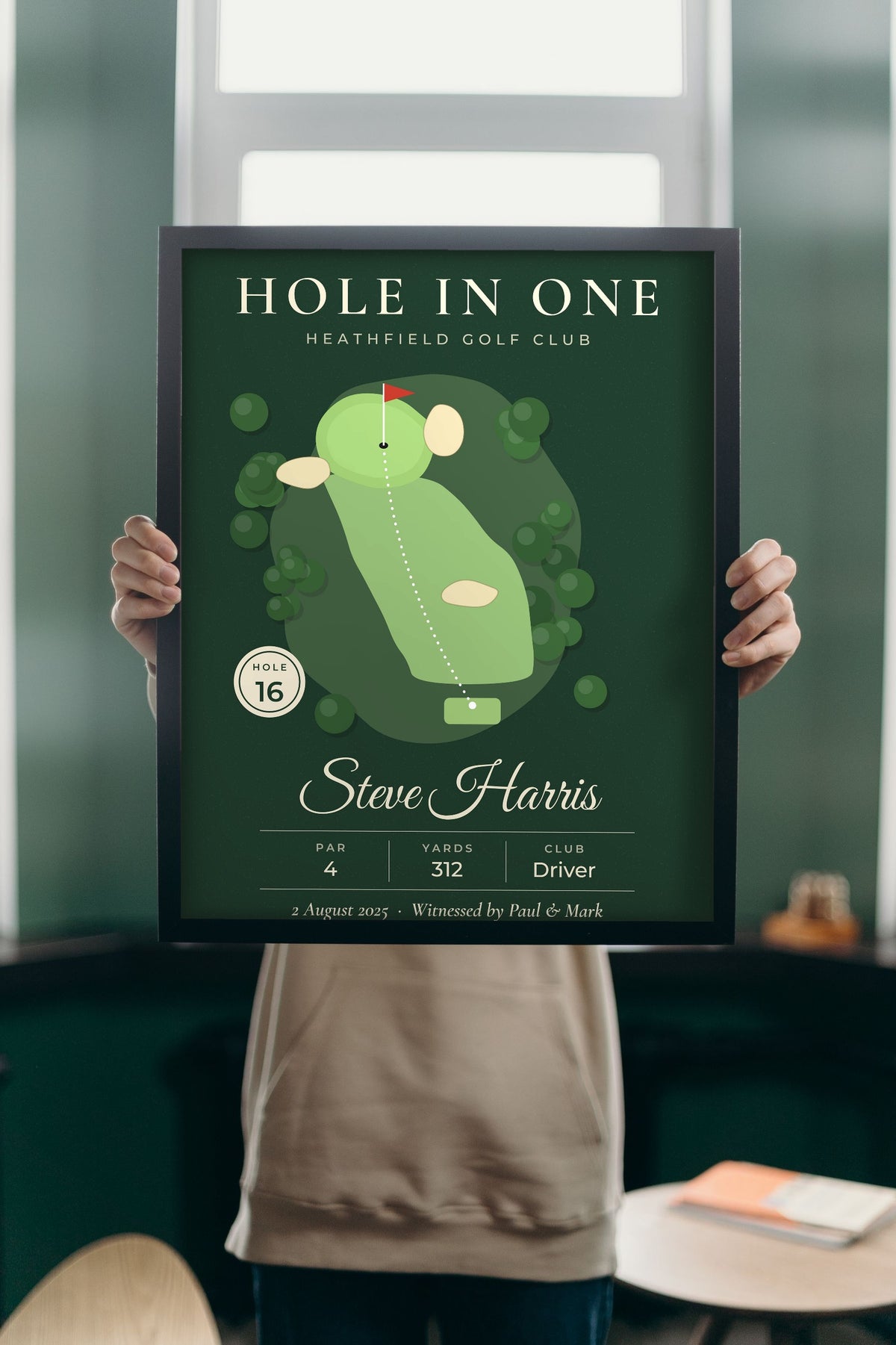 Personalised Hole in One Golf Print - Lifestyle - held up in a bright room