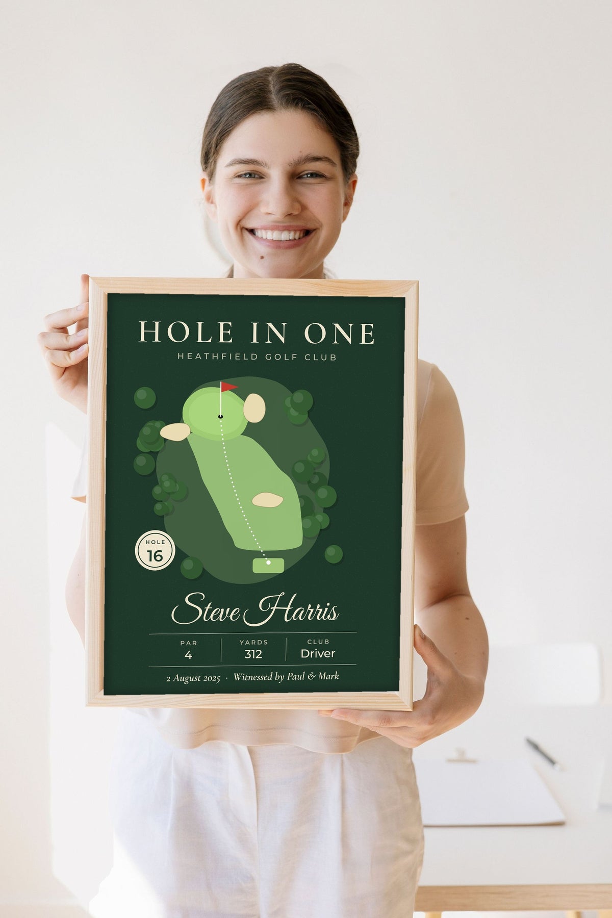 Personalised Hole in One Golf Print - Lifestyle - held by a smiling woman