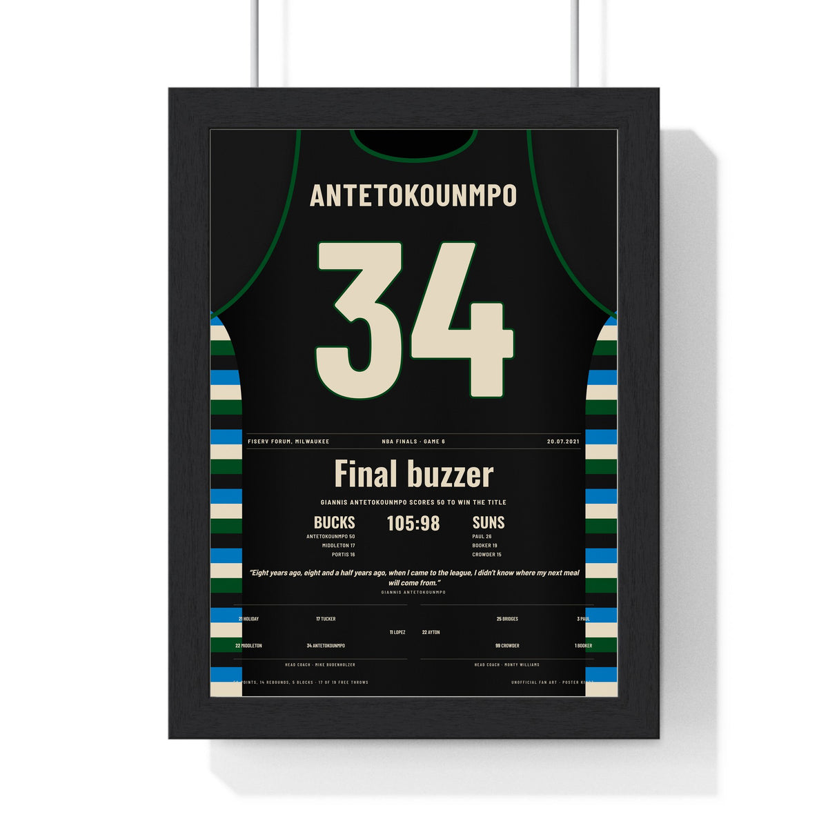 Giannis Antetokounmpo 2021 NBA Finals Game 6 Poster - Milwaukee Bucks 34 50 Points Jersey Print framed in a black frame, ready to hang