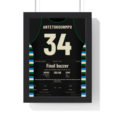 Giannis Antetokounmpo 2021 NBA Finals Game 6 Poster - Milwaukee Bucks 34 50 Points Jersey Print framed in a black frame, ready to hang
