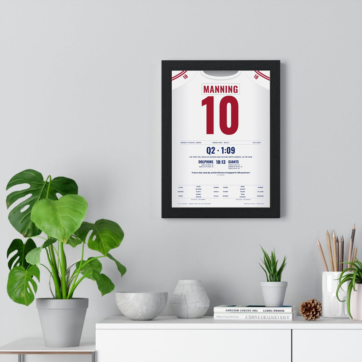 New York Giants London 2007 Poster - Eli Manning 10 First NFL Game at Wembley Jersey Print framed on a living room wall