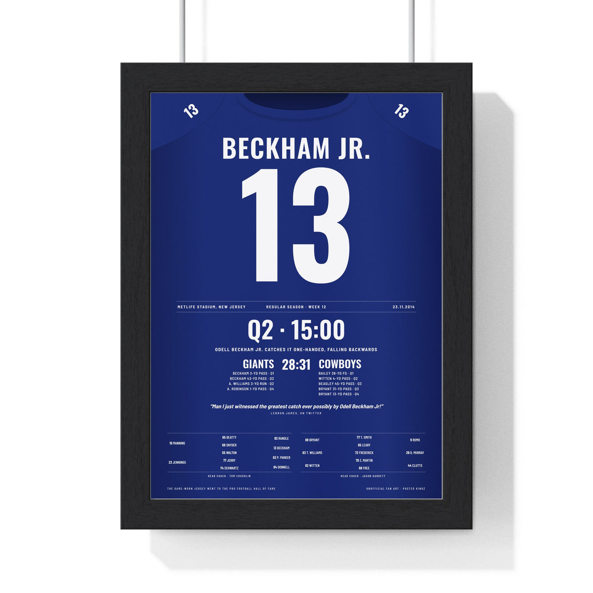 New York Giants Odell Beckham Jr One-Handed Catch 2014 Poster - Beckham 13 Jersey Print framed in a black frame, ready to hang