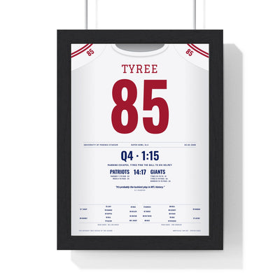 New York Giants Super Bowl XLII Poster - David Tyree 85 Helmet Catch Jersey Print framed in a black frame, ready to hang