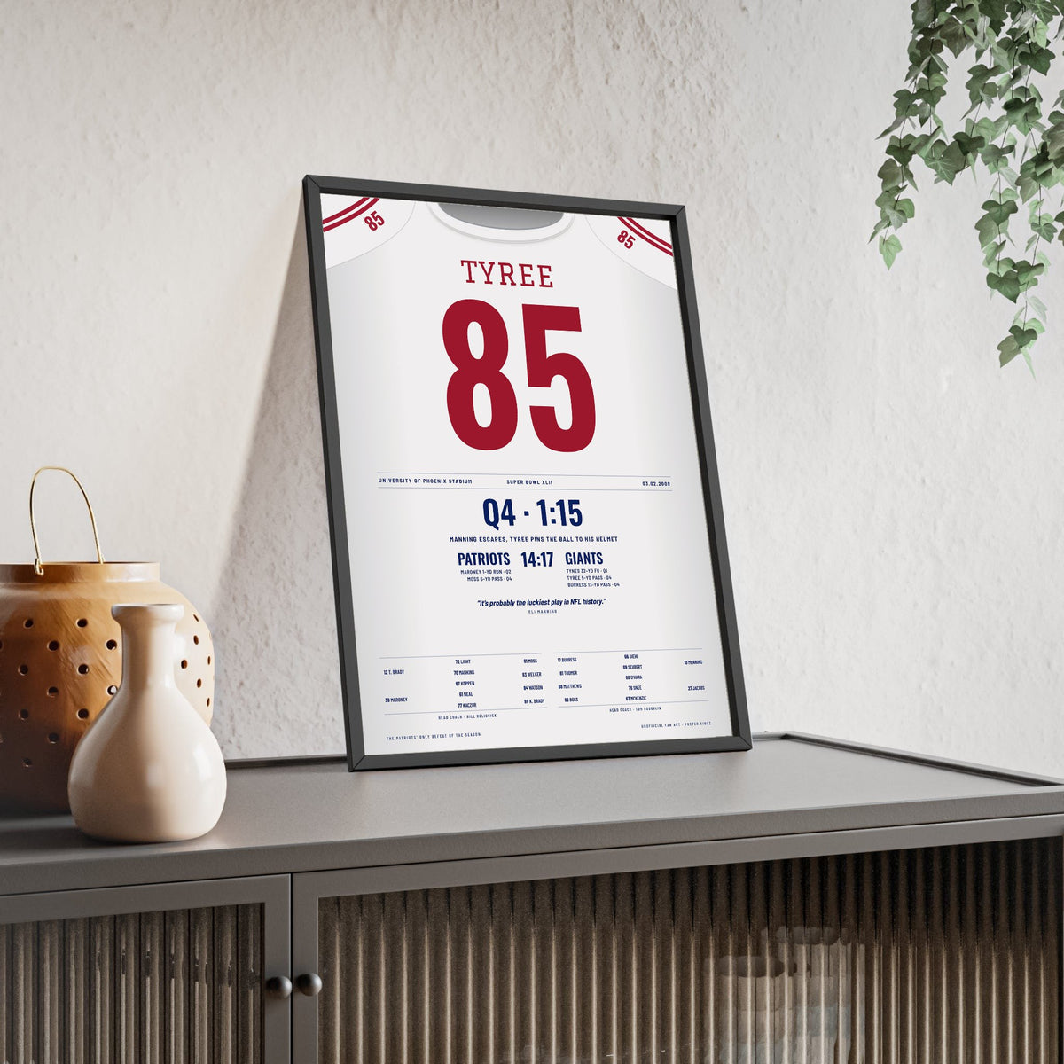 New York Giants Super Bowl XLII Poster - David Tyree 85 Helmet Catch Jersey Print framed and leaning on a sideboard
