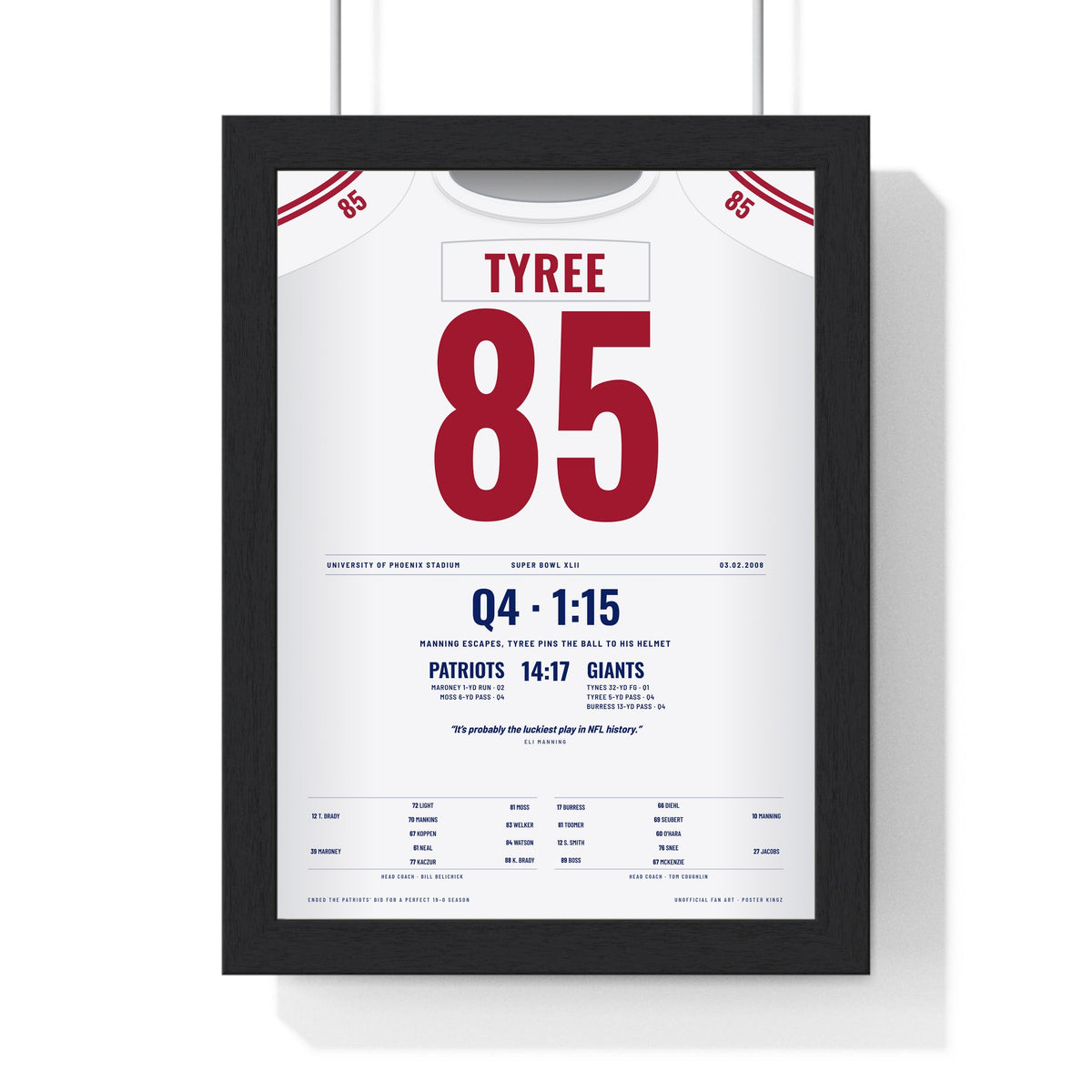 New York Giants Super Bowl XLII Poster - David Tyree 85 Helmet Catch Jersey Print framed in a black frame, ready to hang
