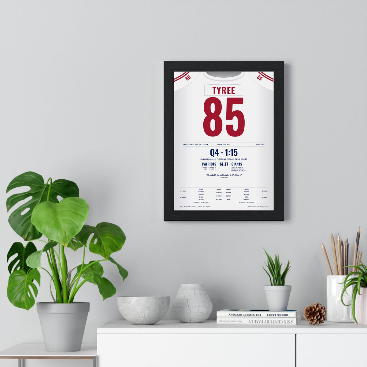 New York Giants Super Bowl XLII Poster - David Tyree 85 Helmet Catch Jersey Print framed on a living room wall